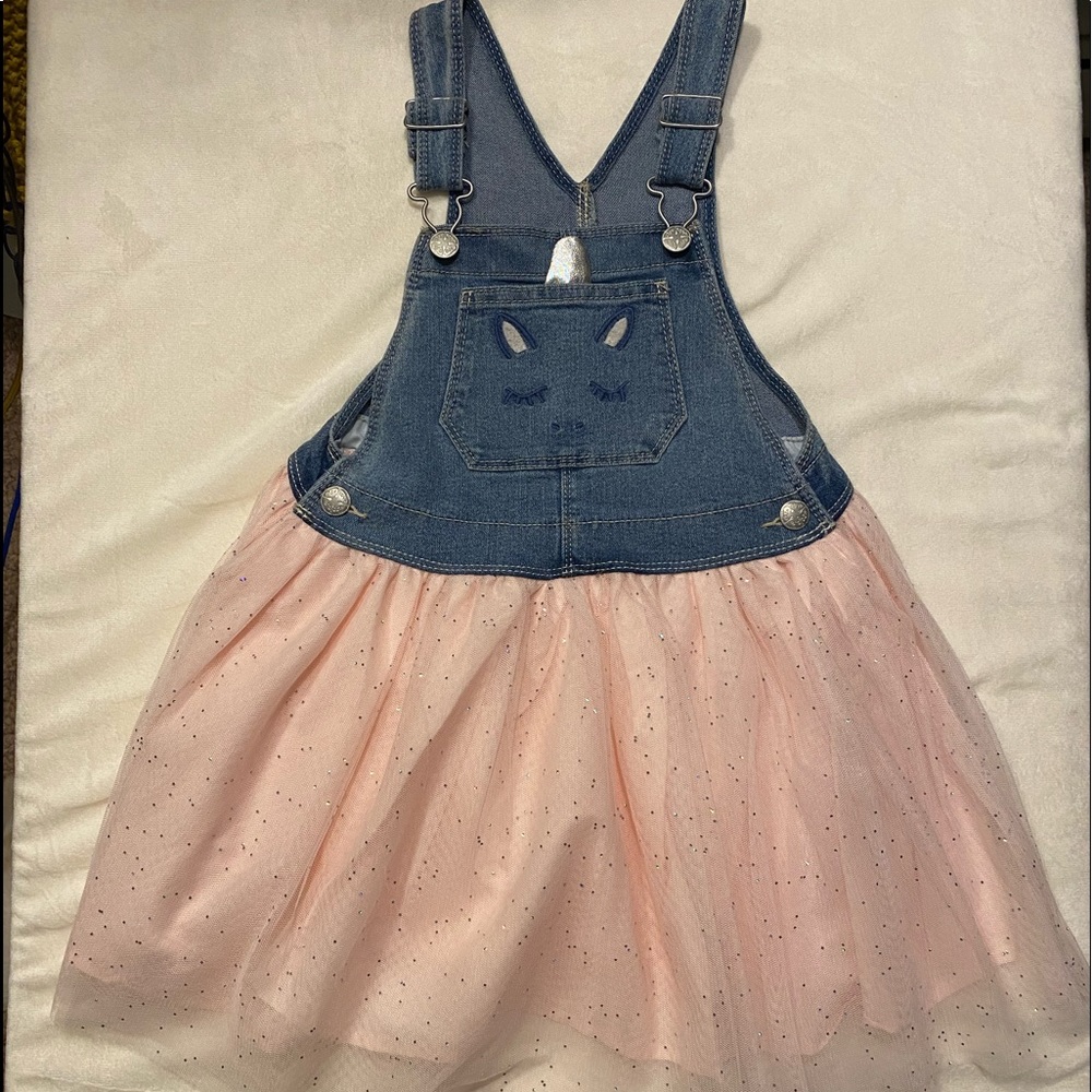Little girls denim overall dress with pink tutu skirt size 5t